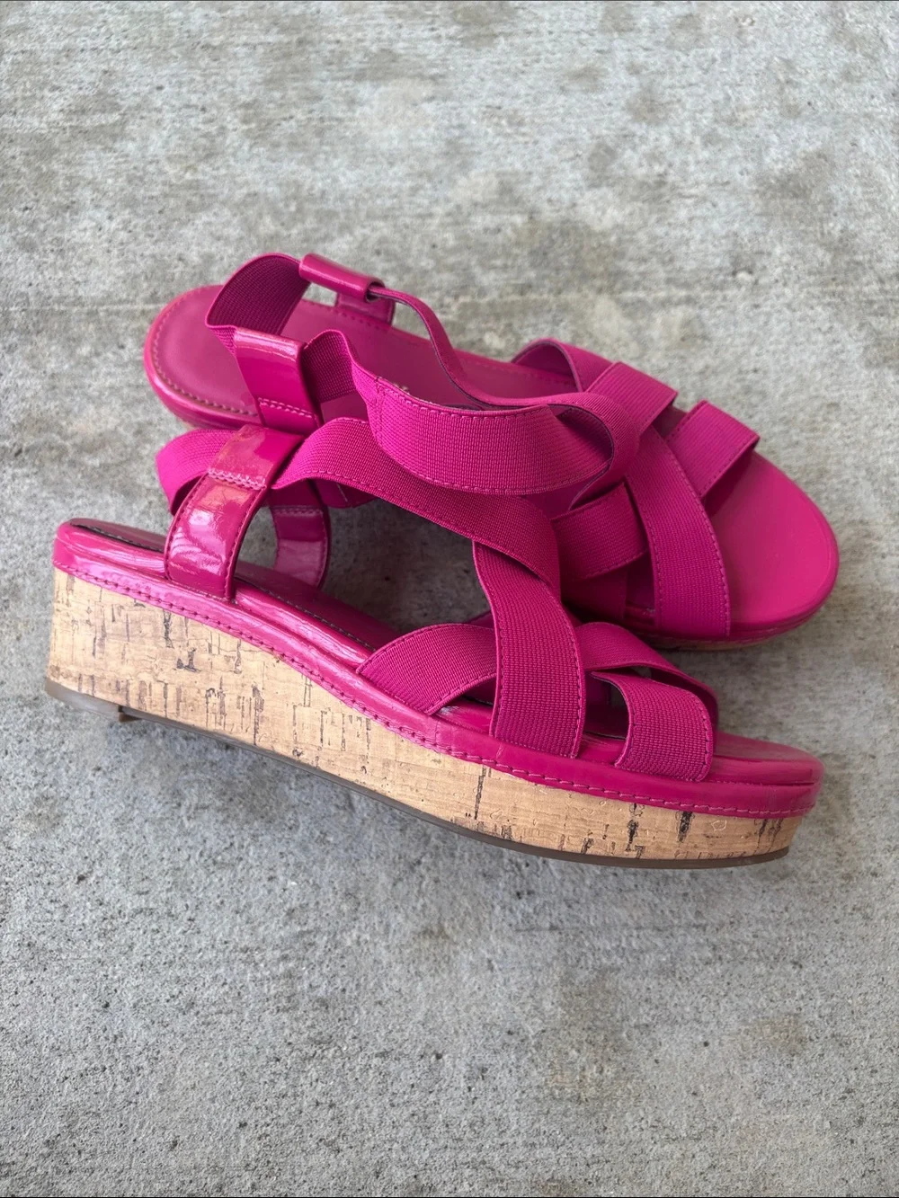 Laura Ashley Bright Pink Elastic Crossover Cork Wedge Sandals